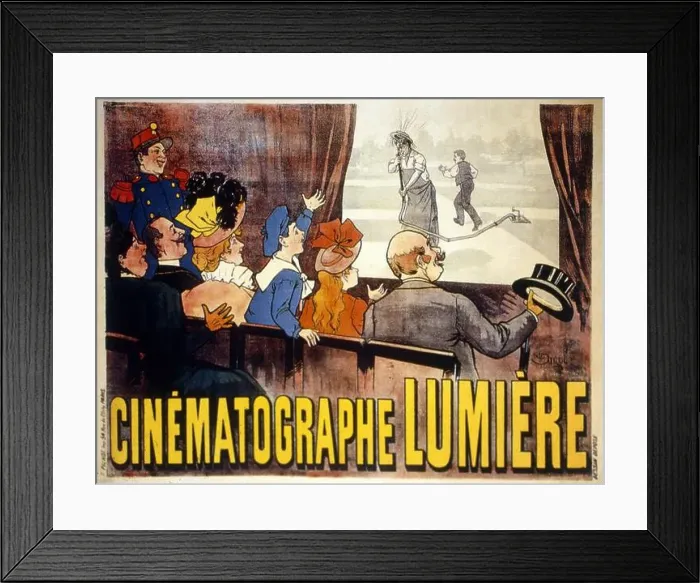 Framed Print : Cinematographe Lumière The poster advertising the Lumière brothers cinematographe showing the famous comedy L'Arroseur