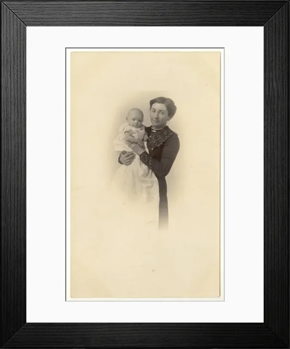 Framed Print : WW1 era postcard of mother holding her 9 weeks old baby girl - Emily Coombe, dated Easter 1918, U.K Framed Print : WW1 era postcard of mother holding her 9 weeks old baby girl - Emily Coombe, dated Easter 1918, U.K
