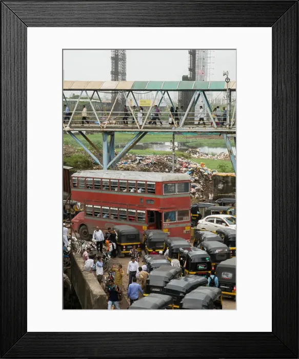 Framed Print : Double decker bus in traffic on Station road with Bandra pedestrian skywalk above, Mumbai, India Framed Print : Double decker bus in traffic on Station road with Bandra pedestrian skywalk above, Mumbai, India