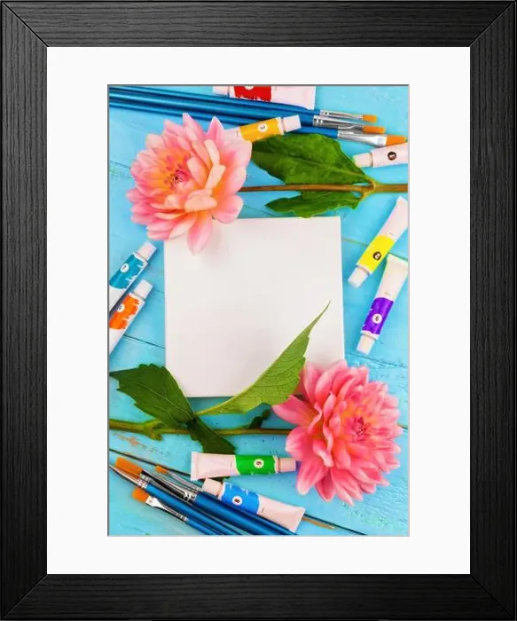 Framed Print : dahlias and a canvas on a blue wooden background. art. Summer background with a space for a text Framed Print : dahlias and a canvas on a blue wooden background. art. Summer background with a space for a text