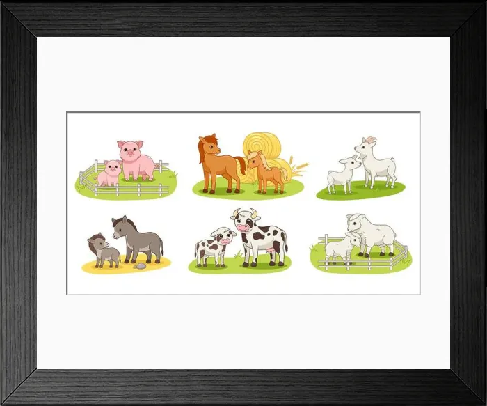 Framed Print : Set with domestic animals and their babies Framed Print : Set with domestic animals and their babies