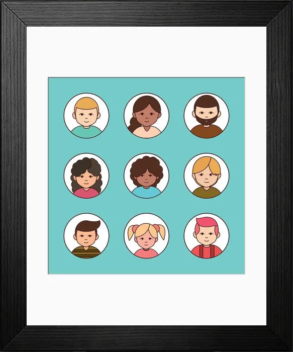 Framed Print : diverse group female and male cartoon, round line icons collection vector illustration Framed Print : diverse group female and male cartoon, round line icons collection vector illustration