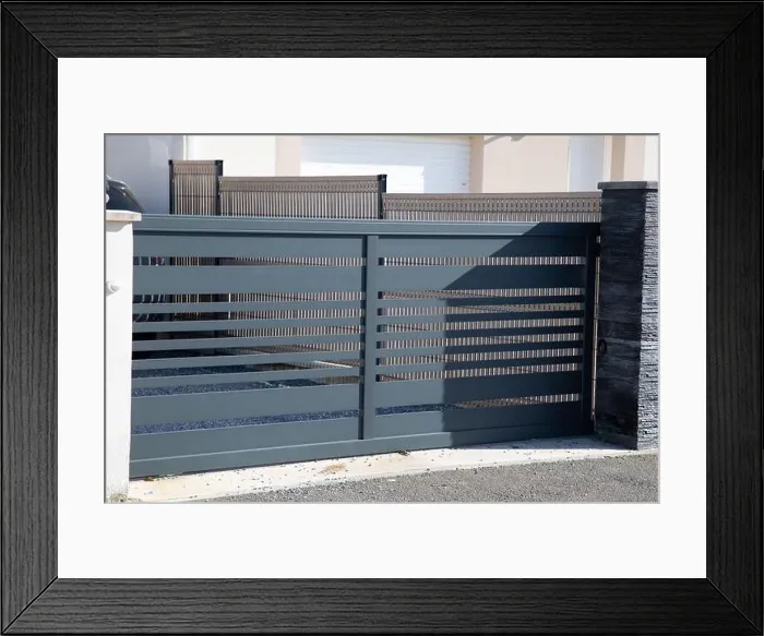 Framed Print : sliding gray gate steel big grey metal portal fence on modern house street Framed Print : sliding gray gate steel big grey metal portal fence on modern house street