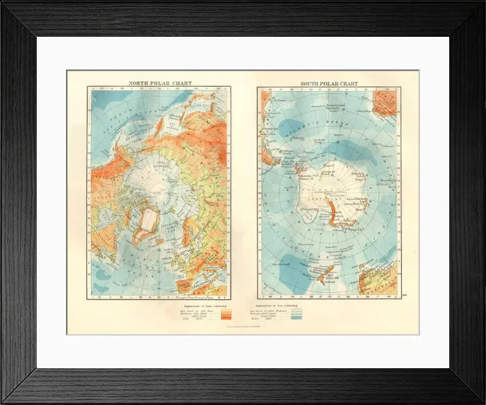 Framed Print : NORTH & SOUTH POLES. Explorers Nansen Scott Amundsen Peary Shackleton, 1920 map Framed Print : NORTH & SOUTH POLES. Explorers Nansen Scott Amundsen Peary Shackleton, 1920 map