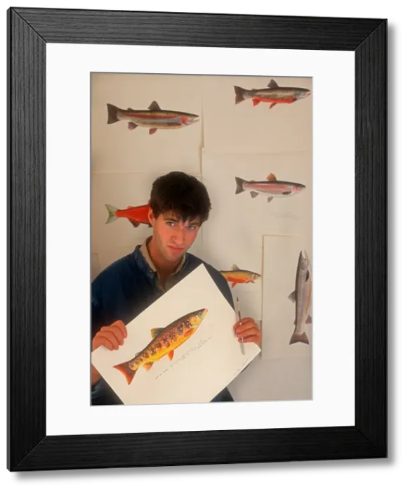 Framed Print : James Prosek with his watercolor paintings of trout Framed Print : James Prosek with his watercolor paintings of trout