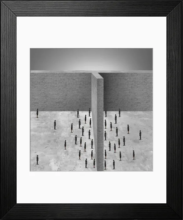 Framed Print : Barrier to business and restricted access to people due to a brick wall obstacle blocking communication