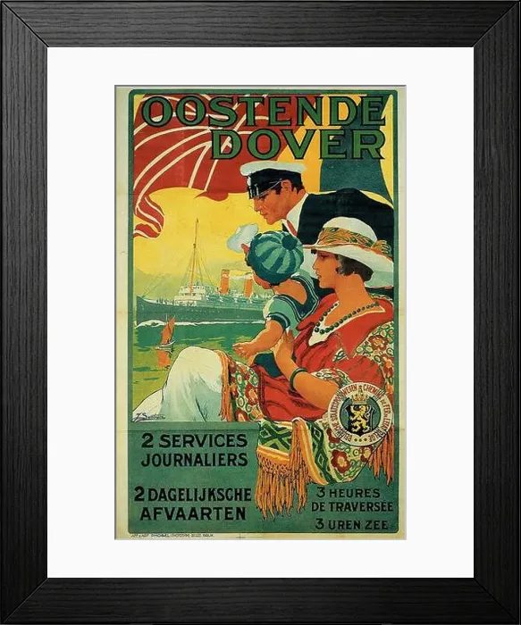 Framed Print : Click On Vintage Belgian ship travel poster - From OOstende to Dover, 1920s Framed Print : Click On Vintage Belgian ship travel poster - From OOstende to Dover, 1920s