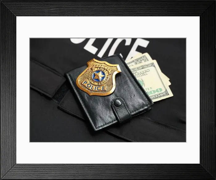 Framed Print : Wallet with money and policeman's badge on body armour, closeup Framed Print : Wallet with money and policeman's badge on body armour, closeup