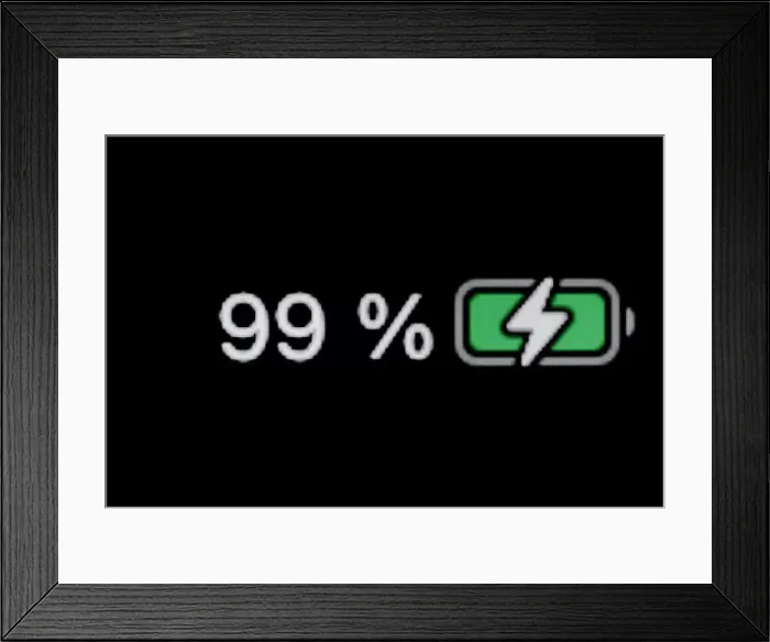 Framed Print : Smartphone charged battery level indicator - ninety-nine, 99 percent: close up Framed Print : Smartphone charged battery level indicator - ninety-nine, 99 percent: close up