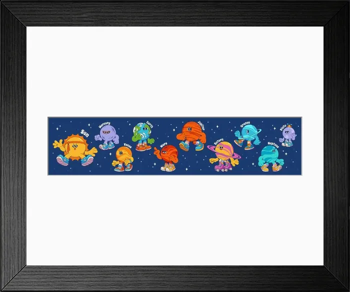 Framed Print : Groovy universe cartoon planets collection with cute characters on starry sky background Framed Print : Groovy universe cartoon planets collection with cute characters on starry sky background