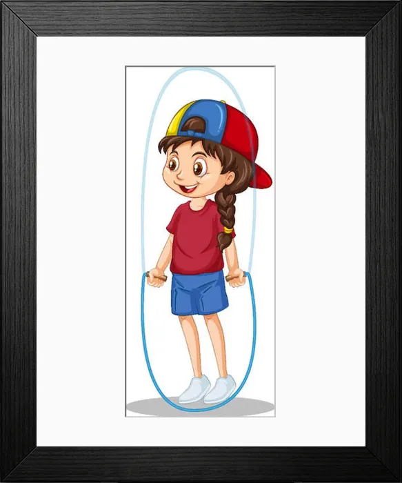 Framed Print : Cute girl jumping on rope cartoon character isolated Framed Print : Cute girl jumping on rope cartoon character isolated