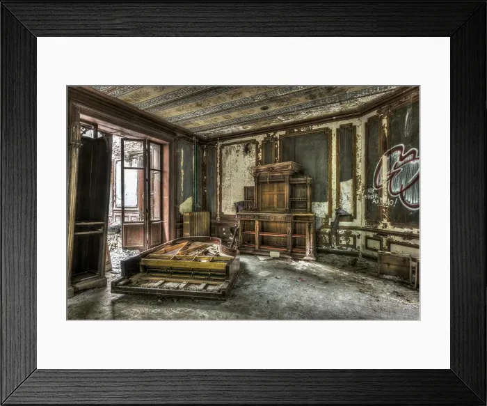 Framed Print : Broken and vandalized piano in an abandoned manor Framed Print : Broken and vandalized piano in an abandoned manor
