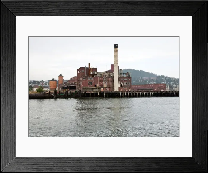 Framed Print : old brick buildings of Georgia Pacific abandoned paper mill on waterfront in Bellingham Washington have a sombre aspect Framed Print : old brick buildings of Georgia Pacific abandoned paper mill on waterfront in Bellingham Washington have a sombre aspect