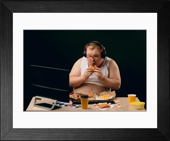 Framed Print : nerd having breakfast while browsing the net, overweight guy breaking the diet. close up portrait Framed Print : nerd having breakfast while browsing the net, overweight guy breaking the diet. close up portrait
