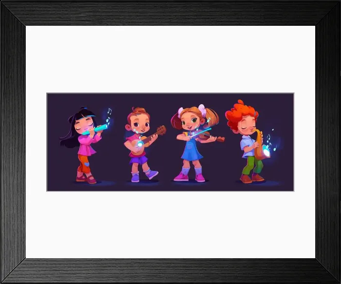 Framed Print : Children playing music instruments isolated on black background Framed Print : Children playing music instruments isolated on black background