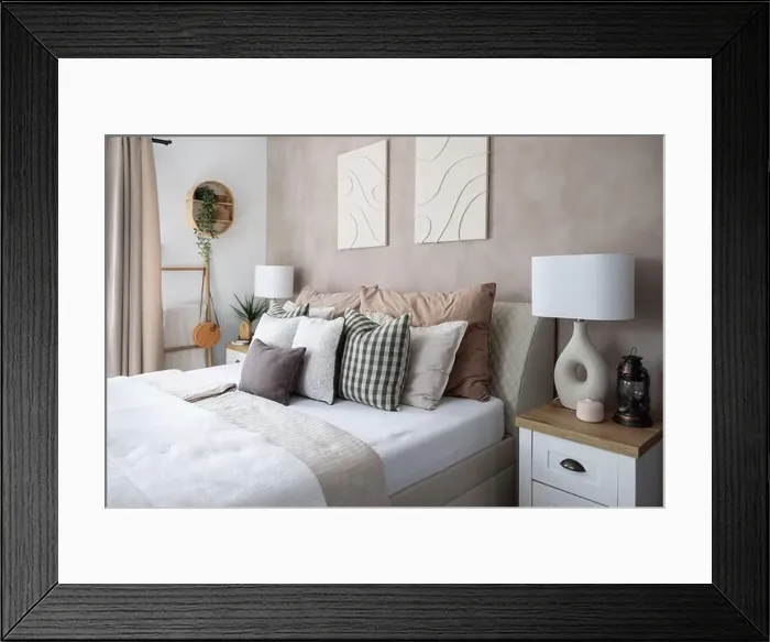 Framed Print : Modern bedroom interior, white blanket, lots of pillows and stylish night lamps Framed Print : Modern bedroom interior, white blanket, lots of pillows and stylish night lamps