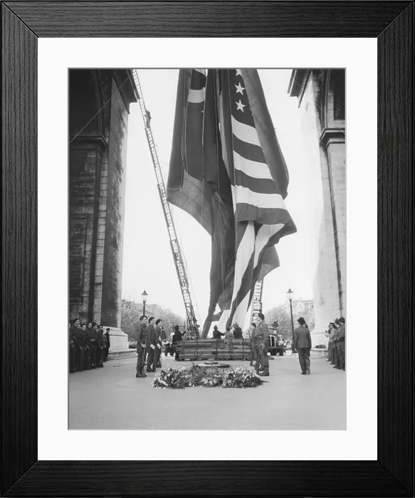 Framed Print : Five Allied flags at the famous Arc de Triomphe in Paris (May 8, 1945) Framed Print : Five Allied flags at the famous Arc de Triomphe in Paris (May 8, 1945)