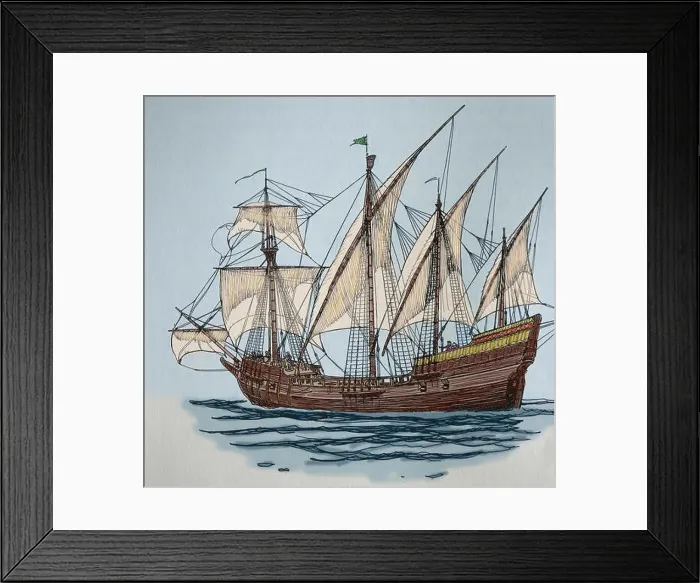 Framed Print : Age of Discovery. The Caravel. 15th-16th century. Engraving. 19th century. Color Framed Print : Age of Discovery. The Caravel. 15th-16th century. Engraving. 19th century. Color