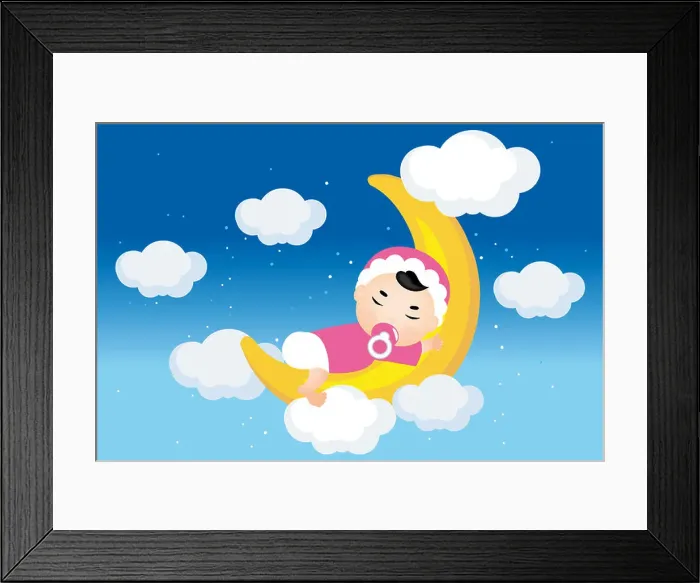 Framed Print : Dreaming baby on the moon with stars, clouds on nightly sky - Illustration Framed Print : Dreaming baby on the moon with stars, clouds on nightly sky - Illustration