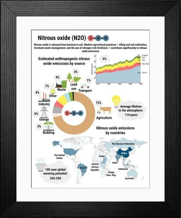 Framed Print : Infographic of global nitrous oxide emissions by countries