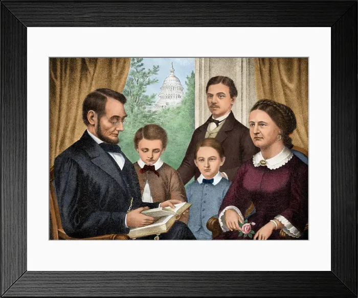 Framed Print : President Abraham Lincoln and his family reading a book in the White House Framed Print : President Abraham Lincoln and his family reading a book in the White House