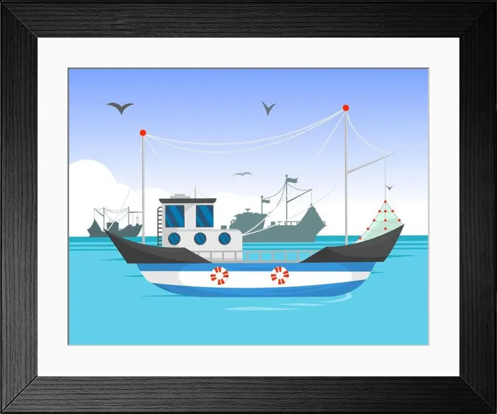 Framed Print : Trawler sailing in daylight cartoon illustration Framed Print : Trawler sailing in daylight cartoon illustration
