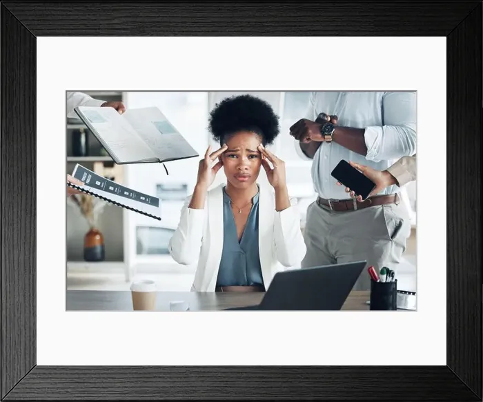 Framed Print : Stress, headache and portrait of a busy black woman with burnout