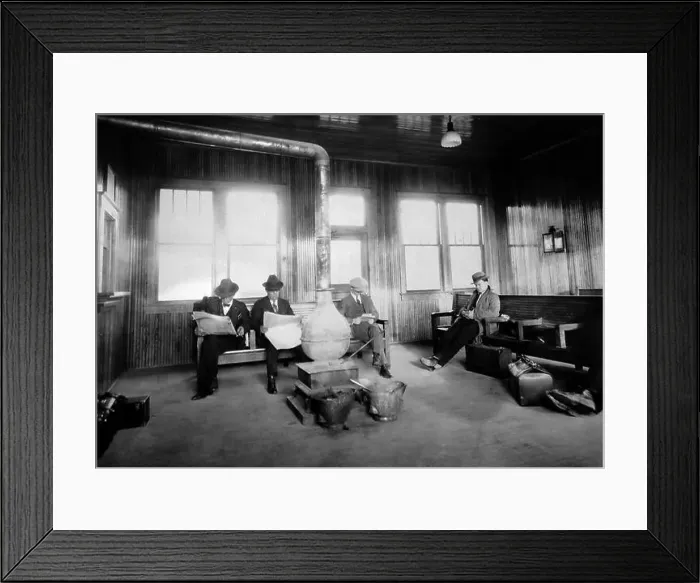 Framed Print : Men wait for their Illinois Central train in the Grand Junction Tennessee train station, ca. 1924 Framed Print : Men wait for their Illinois Central train in the Grand Junction Tennessee train station, ca. 1924