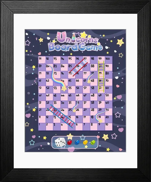 Framed Print : Snake Ladder game in unicorn pastel theme illustration Framed Print : Snake Ladder game in unicorn pastel theme illustration