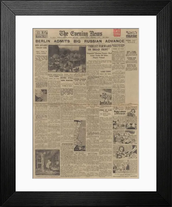 Framed Print : 1943 The Evening News front page reporting Red Army advance on Kiev Front and Cinderella dance club bombed in Putney Framed Print : 1943 The Evening News front page reporting Red Army advance on Kiev Front and Cinderella dance club bombed in Putney