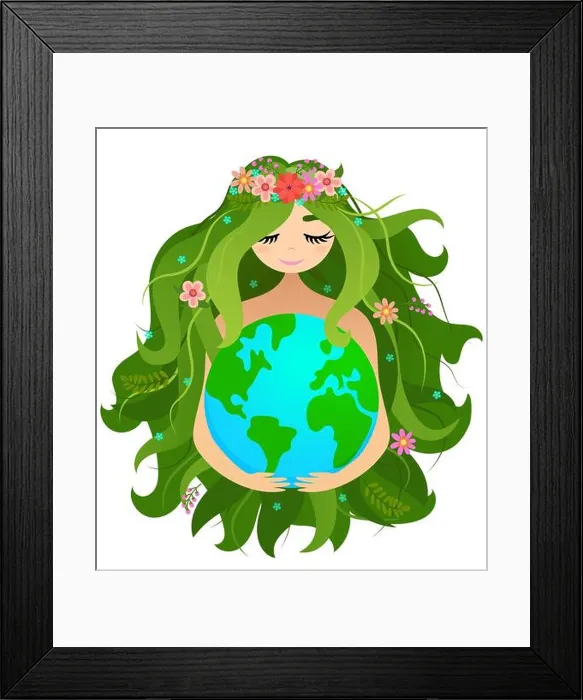 Framed Print : Happy Mother Earth Day - vector Planet Earth and beautiful Mother drawing with flower wreath Framed Print : Happy Mother Earth Day - vector Planet Earth and beautiful Mother drawing with flower wreath