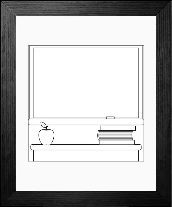 Framed Print : Classroom with chalkboard, teacher desk, books and apple. Vector black and white coloring page