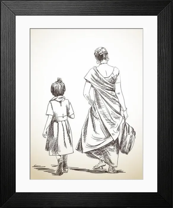 Framed Print : Sketch of walking mother and daughter from school, Hand drawn illustration Framed Print : Sketch of walking mother and daughter from school, Hand drawn illustration