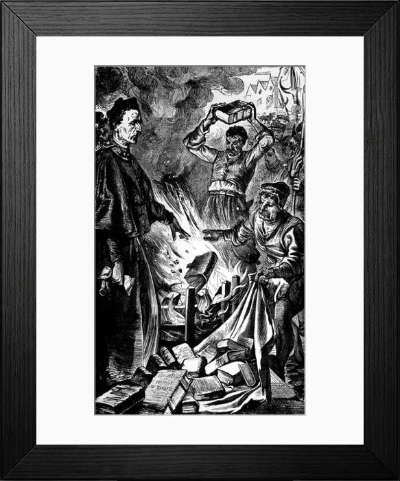 Framed Print : Illustration of Cuthbert Tunstall Bishop of London Burning First Editions copies of William Tyndale's New testament Framed Print : Illustration of Cuthbert Tunstall Bishop of London Burning First Editions copies of William Tyndale's New testament