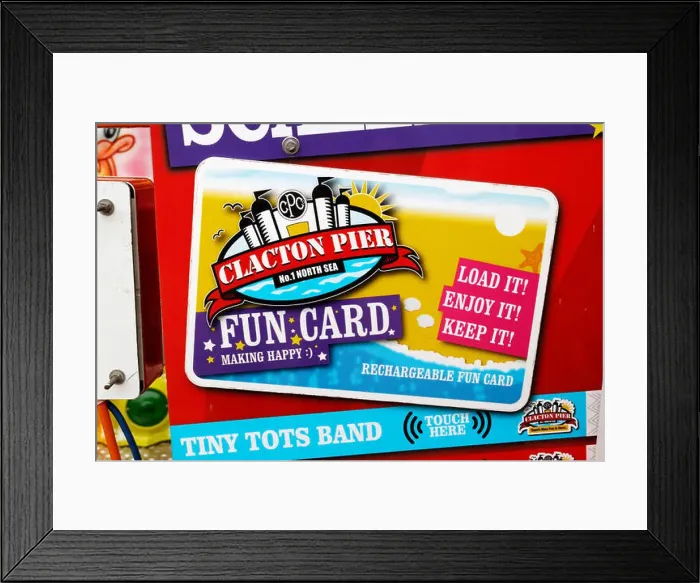 Framed Print : Clacton-on-Sea pier fun card, used for cashless access to the rides on the pier Framed Print : Clacton-on-Sea pier fun card, used for cashless access to the rides on the pier