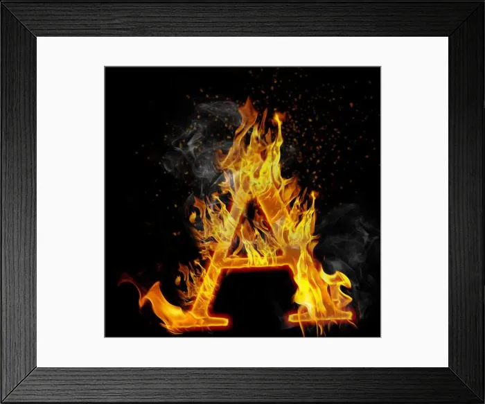 Framed Print : A as a fire letter isolated on a black. A as a fire letter Framed Print : A as a fire letter isolated on a black. A as a fire letter