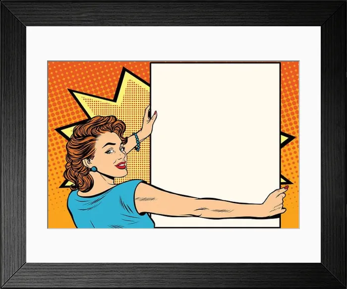 Framed Print : Pop art woman holding a poster Framed Print : Pop art woman holding a poster