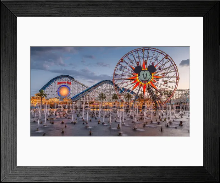 Framed Print : Ferris Wheel Mickey's Fun Wheel and Roller Coaster California Screamin, in front Lake Paradise Bay with water fountains Framed Print : Ferris Wheel Mickey's Fun Wheel and Roller Coaster California Screamin, in front Lake Paradise Bay with water fountains