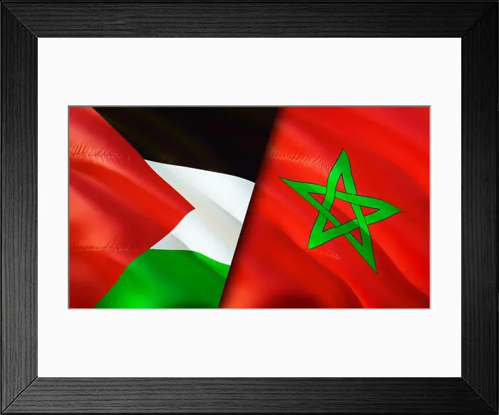 Framed Print : Palestine and Morocco flags. 3D Waving flag design Framed Print : Palestine and Morocco flags. 3D Waving flag design