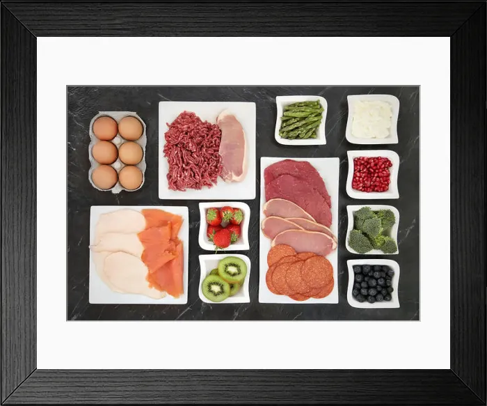 Framed Print : Body building food with meat, fish, dairy, fruit and vegetables in china dishes Framed Print : Body building food with meat, fish, dairy, fruit and vegetables in china dishes