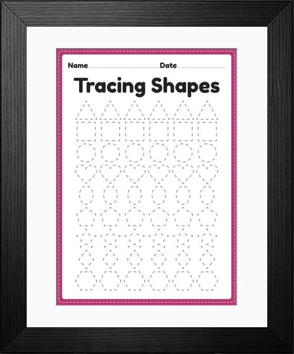 Framed Print : Tracing shapes worksheet for kindergarten and preschool kids for handwriting practice Framed Print : Tracing shapes worksheet for kindergarten and preschool kids for handwriting practice