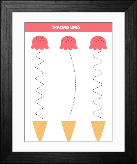 Framed Print : Tracing lines with ice cream cones. Connect cone and waffle. Handwriting practice for kids Framed Print : Tracing lines with ice cream cones. Connect cone and waffle. Handwriting practice for kids
