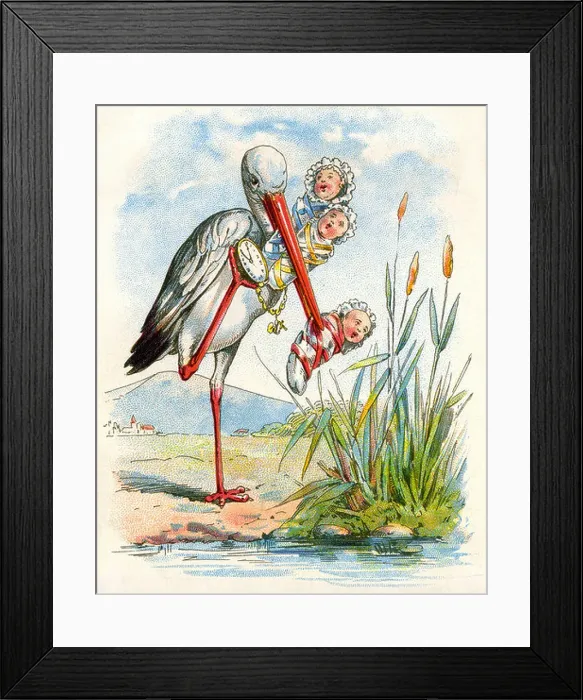 Framed Print : kitsch / cards / souvenir, stork bringing babies Framed Print : kitsch / cards / souvenir, stork bringing babies