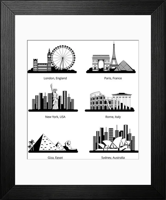 Framed Print : Vector silhouette set with panoramas of famous landmarks Framed Print : Vector silhouette set with panoramas of famous landmarks