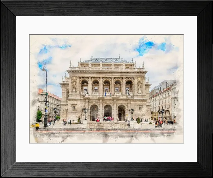 Framed Print : The Hungarian Royal State Opera House in Budapest, Hungary in watercolor illustration style Framed Print : The Hungarian Royal State Opera House in Budapest, Hungary in watercolor illustration style