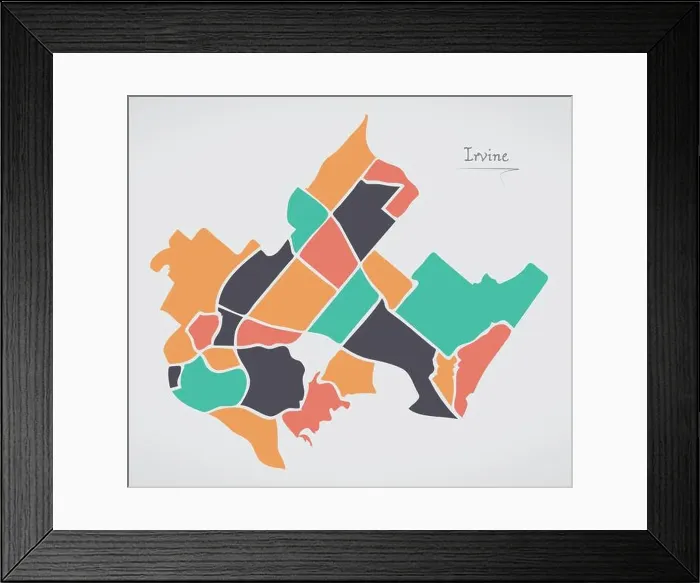 Framed Print : Irvine California Map with neighborhoods and modern round shapes Framed Print : Irvine California Map with neighborhoods and modern round shapes