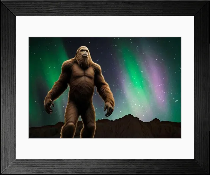 Framed Print : Bigfoot (Sasquatch) Winter night with Northern Lights (Aurora Borealis) Framed Print : Bigfoot (Sasquatch) Winter night with Northern Lights (Aurora Borealis)