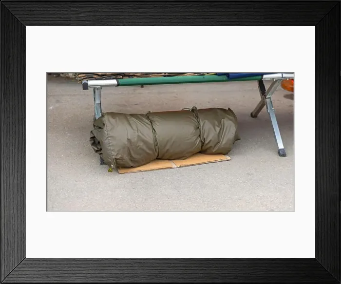 Framed Print : Cowboy Bed Roll Under Cot for Camping Framed Print : Cowboy Bed Roll Under Cot for Camping