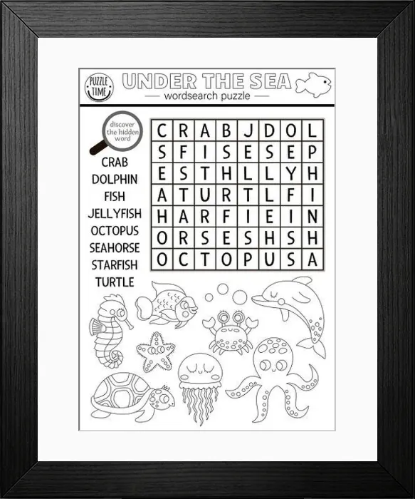 Framed Print : Vector black and white under the sea word search puzzle for kids Framed Print : Vector black and white under the sea word search puzzle for kids