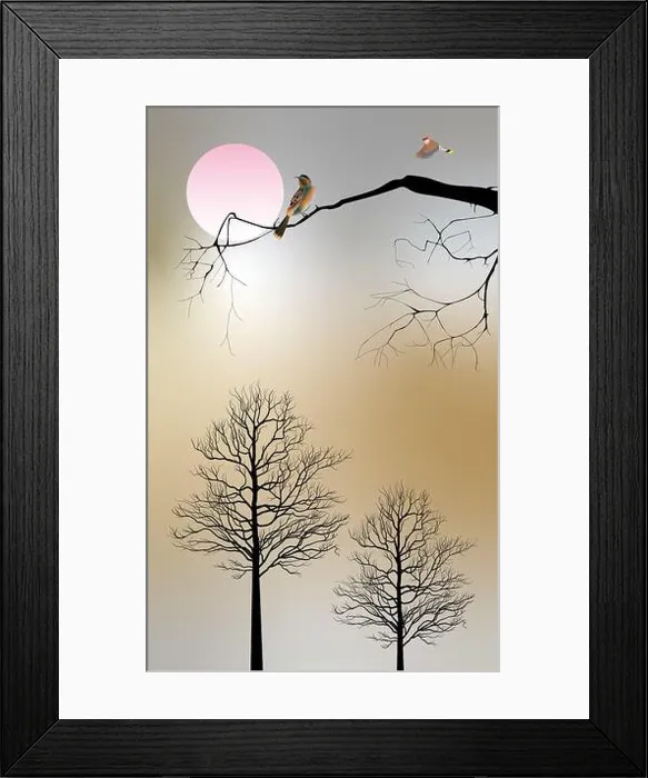 Framed Print : Tree and Tree branch with moon see bird Framed Print : Tree and Tree branch with moon see bird